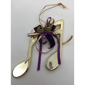 Music Note Christmas Ornament Bells Purple Ribbon 3.5" Plastic Gold Tone‎